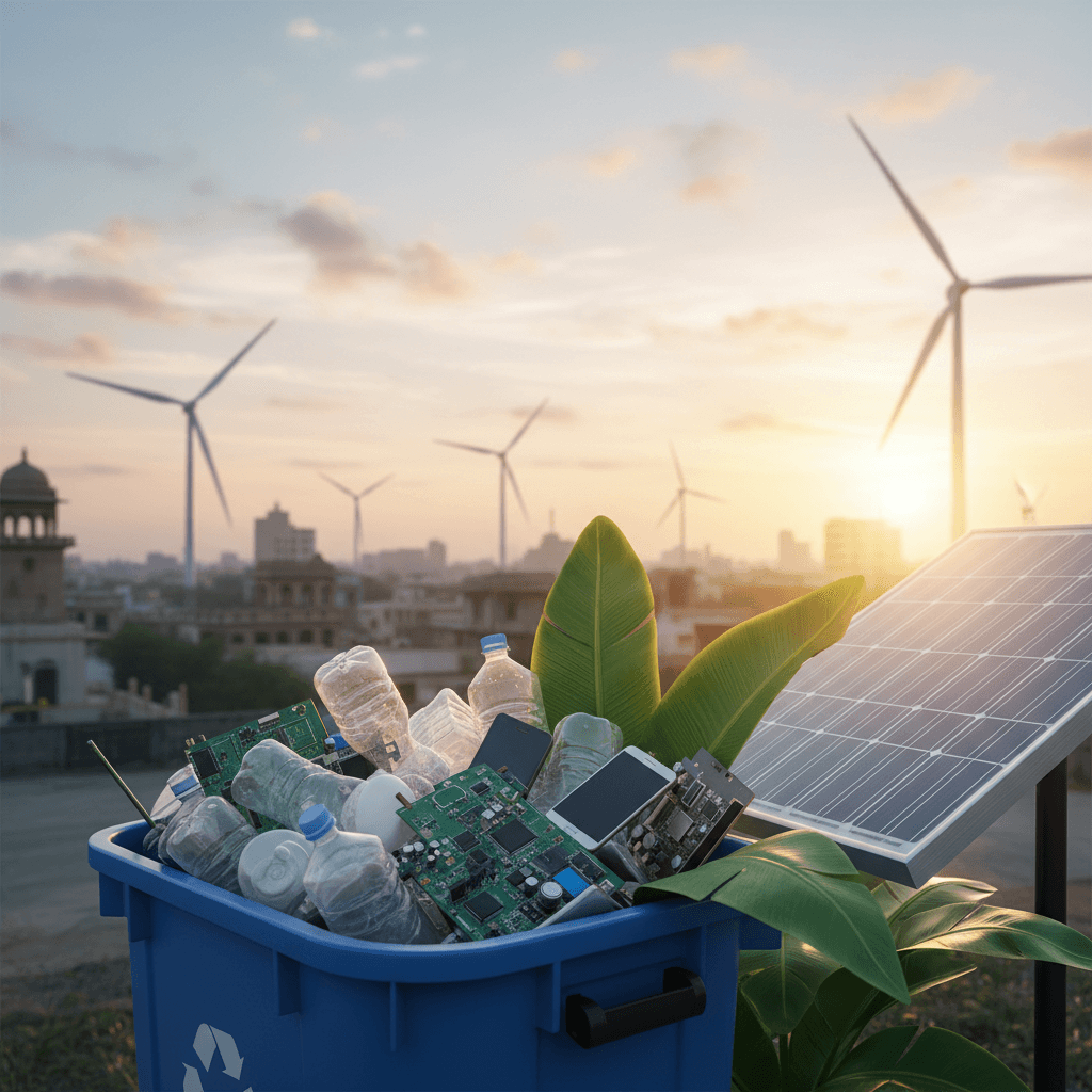 Bright scene of recyclable plastics and solar equipment being sorted for renewable processing